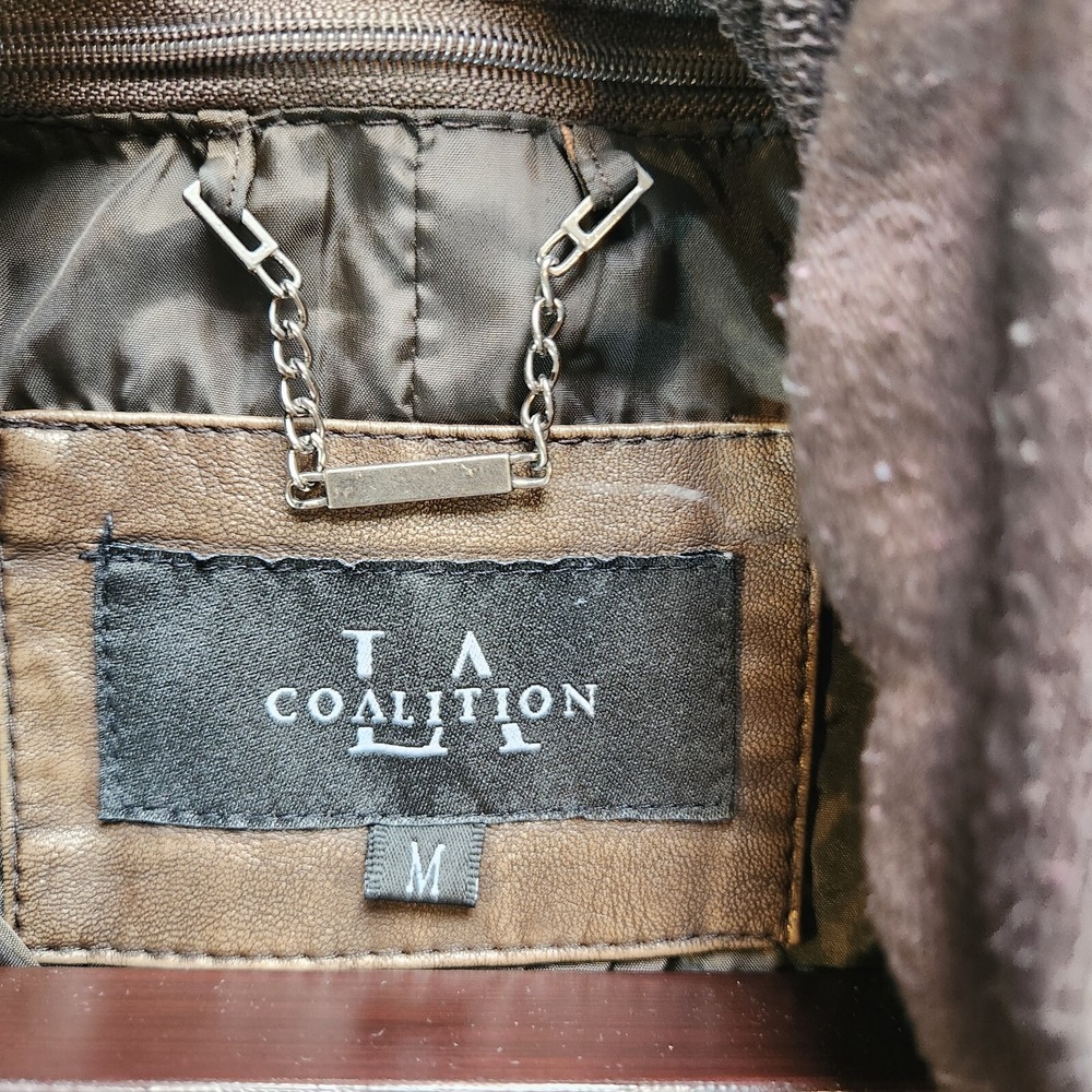 LA Coalition Faux Leather Jacket Women's M Brown Lined Long Sleeve Hood Full Zip - Picture 10 of 14